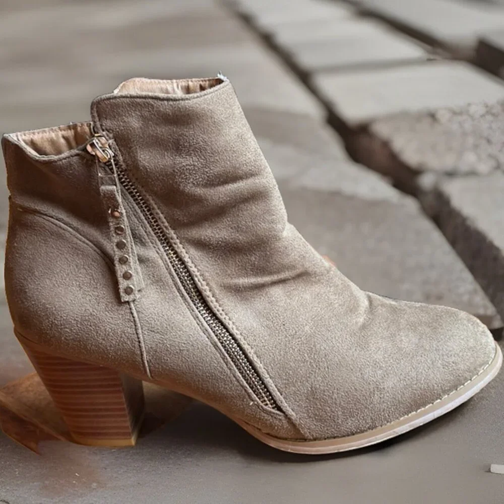 (11) CHARLES ALBERT Beige-Gray Vegan Suede Ankle Boots Zipper Closure & Accents